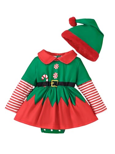 LYSINK Weihnachtselfenkostüm für Kleinkinder, Babys, Mädchen, langärmelig, Puppenkragen, Strampler, Kleid mit Hut, niedliches 2-teiliges Set (A-a-Grün, 12–18 Monate) von LYSINK