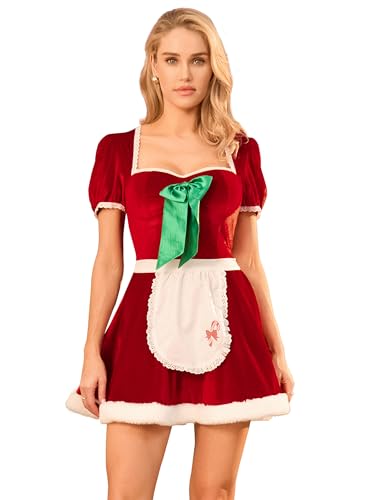 LYSINK Weihnachtsmädchenkostüme für Damen, Spitze, Pelzbesatz, Schleife, Kleid, kurzärmelig, Minikleid, Schürzen-Set, Cosplay, Party-Kostüme (A-A, Rot, XL) von LYSINK