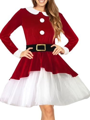 LYSINK Weihnachtsmann-Kostüm für Damen, 3-teilig, passendes langärmeliges Rundhalsausschnitt, kurzes Kleid, Outfits mit Gürtel, Weihnachtsmütze (Rot, L) von LYSINK