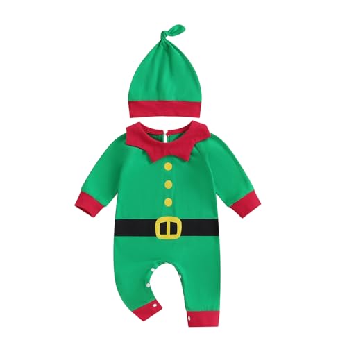 LYSINK Weihnachtsoutfit für Neugeborene, Baby, Jungen, Mädchen, Weihnachtsmann, Elfen, Langarm, Strampler, Overall und Mütze, Set (Bc Green, 0-3 Monate) von LYSINK