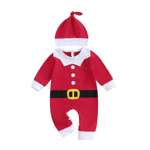 LYSINK Weihnachtsoutfit für Neugeborene, Baby, Jungen, Mädchen, Weihnachtsmann, Elfen, Langarm, Strampler, Overall und Mütze, Set (Bc Rot, 0-3 Monate) von LYSINK