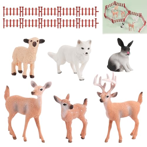 LYTIVAGEN 6 Stück Kunststoff Waldtiere Figuren Mini Tiere Spielfiguren Weihnachten Tierfiguren Miniatur Hirsch Figuren mit Mini Zaun Realistische Tierfiguren für Weihnachten Deko, Lernspielzeug von LYTIVAGEN