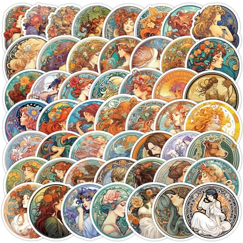 Alphonse Mucha Aufkleber Retro Sticker Set 50 Stücke Niedlich Deko für Auto Laptop Skateboard Fahrrad Moped Motorrad Fahrrad Computer,Geeignet für Erwachsene Kinder von LYunMu