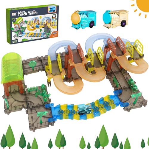 LZDMY Autorennbahn Elektrische Eisenbahn Spielzeug ab 3 Jahre, 76 PCS Auto Rennstrecke Zug Set mit Schienen für Kinder Junge Mädchen Ostern Weihnacht Neujahr Geburtstag Kinderspielzeug Geschenk von LZDMY