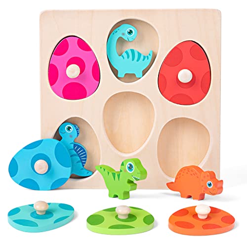 Holzpuzzle ab 1 Jahr | Baby Montessori Holzspielzeug Dino Eier für 12-36 Monate Mädchen und Jungen | Kinder Greifpuzzle Motorikspielzeug Sortierspiel Geburztag Weihnacht Ostern Geschenk (Dino & Eier) von LZDMY