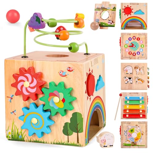 LZDMY Motorikwürfel Aktivitätswürfel aus Holz | 8 in 1 Motorikspielzeug ab 1 Jahr | Montessori Spielzeug Baby ab 6 Monate | Holzspielzeug Lernspielzeug für Kleinkinder Ostern Geburtztag Geschenk von LZDMY