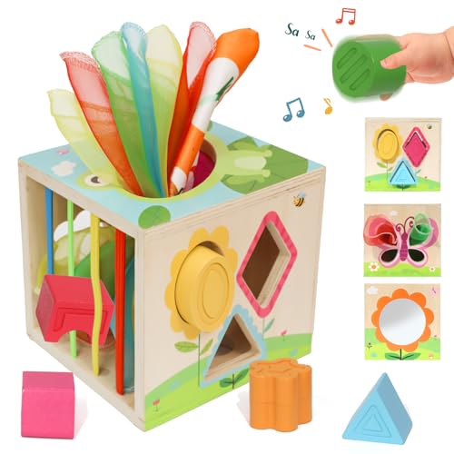 LZDMY Montessori Tücherbox Baby Spielzeug ab 6 Monate,6 in 1 Spielwürfel mit bunter Seidentücher, Motorikwürfel aus Holz Sensorik Babyspielzeug 6-12 Monate Geburtstag Ostern Geschenk für Junge Mädchen von LZDMY