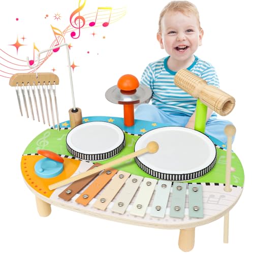 LZDMY Schlagzeug Kinder, 9-in-1 Xylophon Trommel Musikinstrumente für Kinder ab 1 2 3 Jahr, Baby Montessori Holzspielzeug Windspiel für Geburtstag Ostern Weihnacht Geschenk Mädchen Junge Kleinkinder von LZDMY