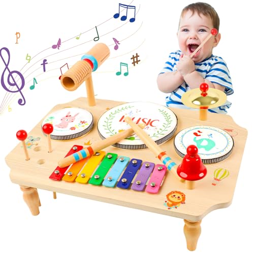 LZMDY Schlagzeug Kinder, 11-in-1 Trommel Musikinstrumente für Kinder ab 1 2 3 Jahr mit Xylophon, Kinderspielzeug Holzspielzeug für Ostern Weihnacht Geschenk Junge Mädchen von LZDMY