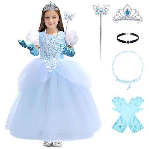 LZH Cinderella Kleid für Mädchen Blau Fancy Dress Up Kid Cinderella Kostüme Halloween Karneval mit Prinzessin Krone Zubehör von LZH