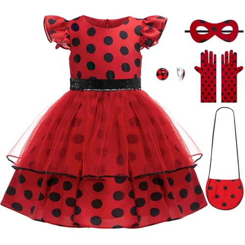 LZH Kinder Marienkäfer Kostüm Polka Dot Kleid für Mädchen Marienkäfer Dress Up Set mit Augenmaske, Tasche, Ohrring Karneval Cosplay Geburtstagsparty von LZH