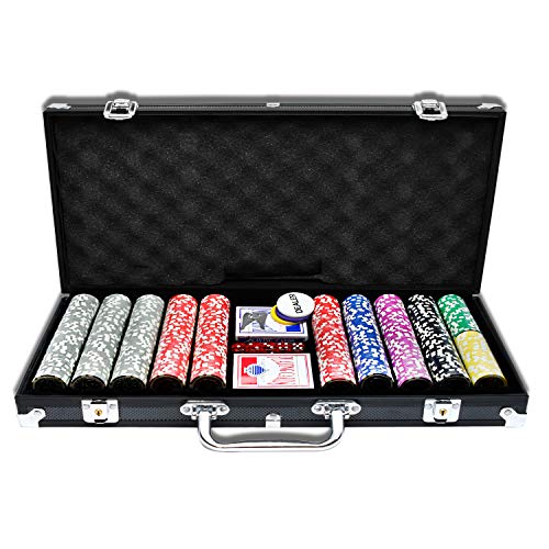 LZQ Pokerkoffer 500 Chips Texas Hold'em Poker Chips mit Schwarz Alumium Case Blackjack Gambing mit Carying Case und Casino Chips 2 Kartenspiele Dealer Small Blind Big Blind Buttons und 5 Würfel von LZQ