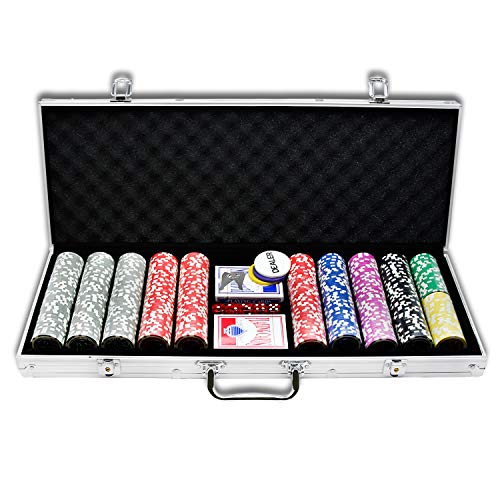 LZQ Pokerkoffer 500 Chips Texas Hold'em Poker Chips mit Silber Alumium Case Blackjack Gambing mit Carying Case und Casino Chips 2 Kartenspiele Dealer Small Blind Big Blind Buttons und 5 Würfel von LZQ