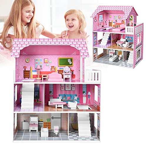 LZQ Puppenhaus Holz, 3 Etagen Dollhouse Puppenhäuser, Puppenhaus ab 2 Jahre für Kinder, Mädchen, Geschenk, Geburtstag 60×23,7×70cm von LZQ