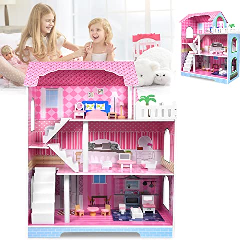 LZQ Puppenhaus Holz, 3 Etagen Dollhouse Puppenhäuser Barbie Haus, Puppenhaus ab 2 Jahre für Kinder, Mädchen, Geschenk, Geburtstag 70×30×70cm von LZQ