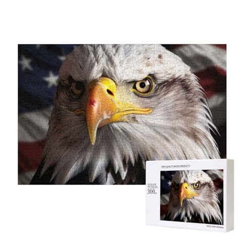 Amerika-Flagge und Adler-Puzzle, 300 Teile, Holz-Puzzle, personalisierte Bilderpuzzle, Familienspiele, Kunstwerk, Fotopuzzle, anspruchsvolle Puzzles für Erwachsene (39,9 x 27,9 cm) von LZQPOEAS