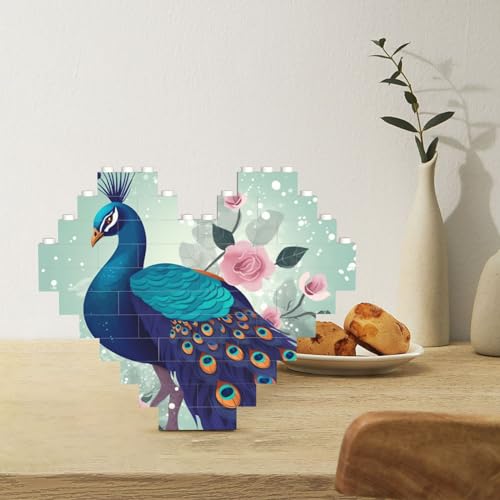 Baustein-Puzzle, personalisierte Bausteine, herzförmige Puzzles, Pfau und Blumen, Bausteinblock für Erwachsene, Block-Puzzle für Heimdekoration, 3D-Ziegelstein-Puzzle-Set für Weihnachtsdekoration von LZQPOEAS