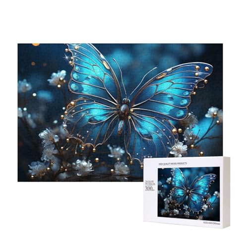 Blauer Schmetterling und Mond Puzzles 300 Teile Holzpuzzle Personalisierte Bilderpuzzles Familienspiele Kunstwerk Fotopuzzle Herausfordernde Puzzles für Erwachsene (39,9 x 27,9 cm) von LZQPOEAS