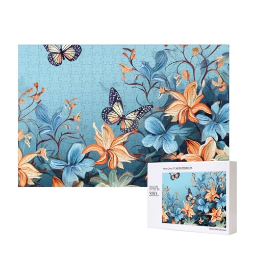 Blue Butterfly Floral Puzzles 300 Teile Holzpuzzle Personalisierte Bilderpuzzles Familienspiele Kunstwerk Fotopuzzle Herausfordernde Puzzles für Erwachsene (39,9 x 27,9 cm) von LZQPOEAS