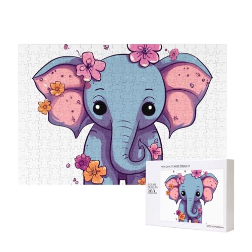 Blumen-Cartoon-Elefanten-Puzzle, 300 Teile, Holz-Puzzle, personalisierte Bildrätsel, Familienspiele, Kunstwerk, Fotopuzzle, anspruchsvolle Puzzles für Erwachsene (39,9 x 27,9 cm) von LZQPOEAS