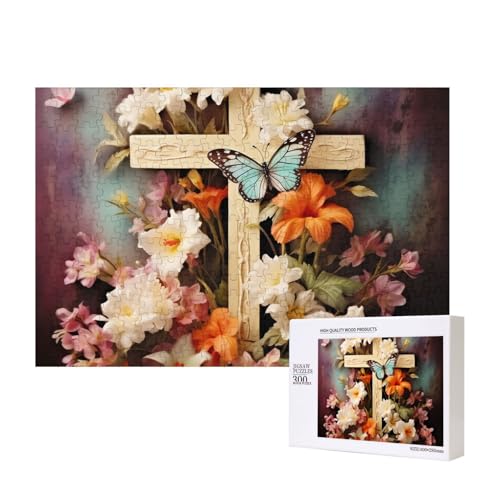 Blumenzweige am Kreuz Puzzles 300 Teile Holzpuzzle Personalisierte Bilderpuzzles Familienspiele Kunstwerk Fotopuzzle Herausfordernde Puzzles für Erwachsene (39,9 x 27,9 cm) von LZQPOEAS