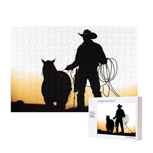 Cowboy mit Lasso-Silhouette-Puzzle, 300 Teile, Holz-Puzzle, personalisierte Bildrätsel, Familienspiele, Kunstwerk, Fotopuzzle, anspruchsvolle Puzzles für Erwachsene (39,9 x 27,9 cm) von LZQPOEAS