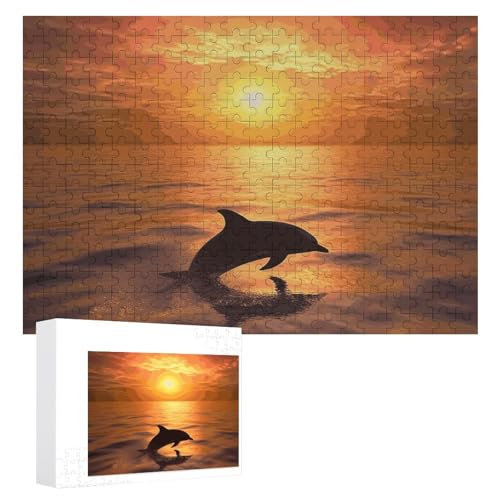 Delphin- und Sonnenuntergang-Puzzle, 300 Teile, personalisiertes Puzzle für Erwachsene, Fotos, Puzzle für Familie, anspruchsvolles Bilderpuzzle mit Aufbewahrungstasche, Heimdekoration, Puzzle von LZQPOEAS