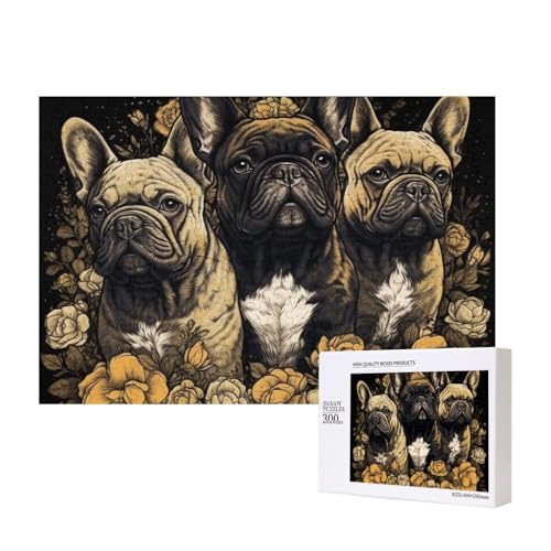 Drei französische Bulldoggen-Puzzle, 300 Teile, Holz-Puzzle, personalisierte Bildrätsel, Familienspiele, Kunstwerke, Fotopuzzle, anspruchsvolle Puzzles für Erwachsene (39,9 x 27,9 cm) von LZQPOEAS