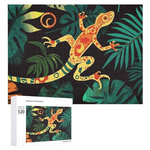 Gecko und tropische Blätter, Puzzle, 520 Bilder, personalisiertes Puzzle für Erwachsene, Fotos, Puzzle für Familie, anspruchsvolles Bilderpuzzle mit Aufbewahrungstasche, Heimdekoration, Puzzle von LZQPOEAS