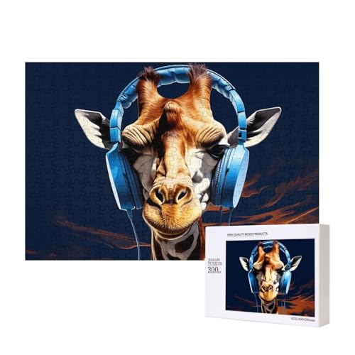 Giraffe trägt Kopfhörer Puzzles 300 Teile Holzpuzzle Personalisierte Bilderpuzzles Familienspiele Kunstwerk Fotopuzzle Herausfordernde Puzzles für Erwachsene (39,9 x 27,9 cm) von LZQPOEAS