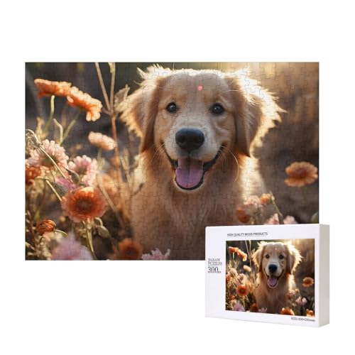 Golden Retriever und Blumen Puzzles 300 Teile Holzpuzzle Personalisierte Bilderpuzzles Familienspiele Kunstwerk Fotopuzzle Herausfordernde Puzzles für Erwachsene (39,9 x 27,9 cm) von LZQPOEAS