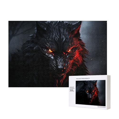 Großer schwarzer Wolf mit roten Augen, 300 Teile, Holzpuzzle, personalisierte Bildrätsel, Familienspiele, Kunstwerk, Fotopuzzle, anspruchsvolle Puzzles für Erwachsene (39,9 x 27,9 cm) von LZQPOEAS