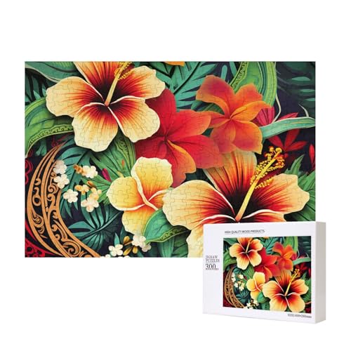 Hawaiianischer Stil, Druckmuster-Puzzle, 300 Teile, Holz-Puzzle, personalisierte Bildrätsel, Familienspiele, Kunstwerk, Fotopuzzle, anspruchsvolle Puzzles für Erwachsene (39,9 x 27,9 cm) von LZQPOEAS