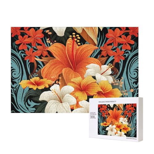 Holzpuzzle mit Blumen und hawaiianischen Stammesmustern, 300 Teile, personalisiertes Bild, Puzzle, Familienspiele, Kunstwerk, Fotopuzzle, anspruchsvolle Puzzles für Erwachsene (39,9 x 27,9 cm) von LZQPOEAS