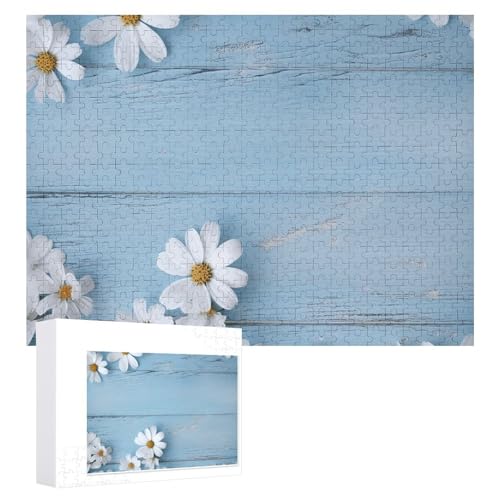 Holzpuzzles mit weißen Blumen, hellblau, 500 Stück, personalisierte Puzzles für Erwachsene, Fotos, Puzzle für Familie, anspruchsvolles Bilderpuzzle mit Aufbewahrungstasche, Heimdekoration, Puzzle von LZQPOEAS