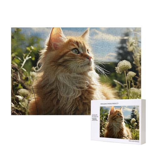 Katze sitzt auf grünem Feld, 300 Teile, Holzpuzzle, personalisierte Bildrätsel, Familienspiele, Kunstwerk, Fotopuzzle, anspruchsvolle Puzzles für Erwachsene (39,9 x 27,9 cm) von LZQPOEAS