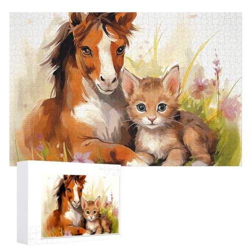 Niedliche Pferd- und Katzen-Puzzle, 1000 Teile, personalisiertes Puzzle für Erwachsene, Fotos, Puzzle für Familie, anspruchsvolles Bilderpuzzle mit Aufbewahrungstasche, Heimdekoration, Puzzle von LZQPOEAS