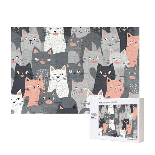 Niedliche lustige graue Katzen Muster Puzzles 300 Teile Holzpuzzle Personalisierte Bilderpuzzles Familienspiele Kunstwerk Fotopuzzle Herausfordernde Puzzles für Erwachsene (39,9 x 27,9 cm) von LZQPOEAS