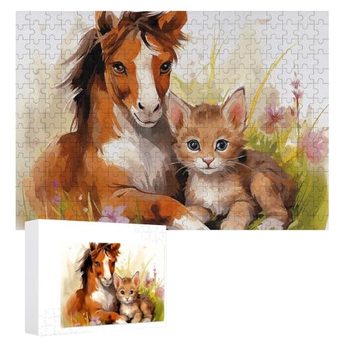 Niedliches Pferde- und Katzen-Puzzle, 300 Teile, personalisiertes Puzzle für Erwachsene, Fotos, Puzzle für Familie, anspruchsvolles Bilderpuzzle mit Aufbewahrungstasche, Heimdekoration, Puzzle von LZQPOEAS