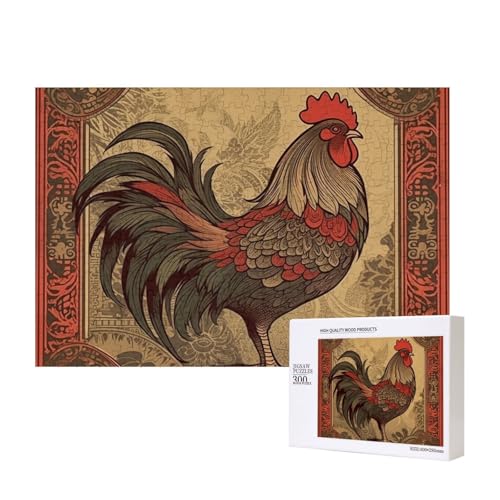 Old Rooster Illustration Puzzles 300 Teile Holzpuzzle Personalisierte Bilderpuzzles Familienspiele Kunstwerk Fotopuzzle Herausfordernde Puzzles für Erwachsene (39,9 x 27,9 cm) von LZQPOEAS