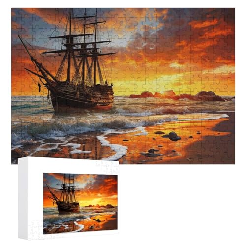 Piratenschiff im Sonnenuntergang Puzzle, 300 Teile, personalisiertes Puzzle für Erwachsene, Fotos, Puzzle für Familie, anspruchsvolles Bilderpuzzle mit Aufbewahrungstasche, Heimdekoration, Puzzle von LZQPOEAS