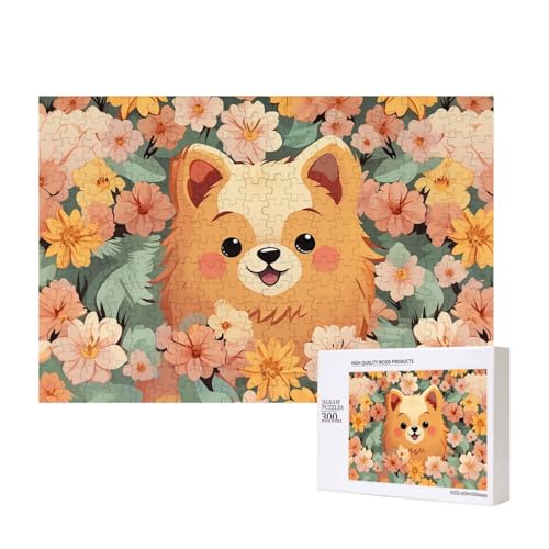 Pomeranians Cartoon-Blumen-Puzzle, 300 Teile, Holz-Puzzle, personalisierte Bildrätsel, Familienspiele, Kunstwerk, Fotopuzzle, anspruchsvolle Puzzles für Erwachsene (39,9 x 27,9 cm) von LZQPOEAS