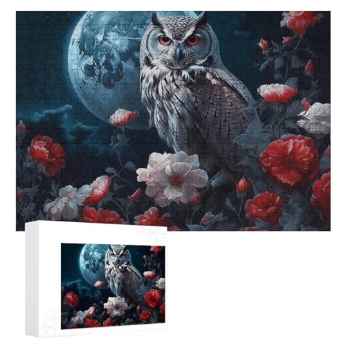 Puzzle Eule unter Blumen bei Nacht, 300 Teile, personalisiertes Puzzle für Erwachsene, Fotos, Puzzle für Familie, anspruchsvolles Bilderpuzzle mit Aufbewahrungstasche, Heimdekoration, Puzzle von LZQPOEAS