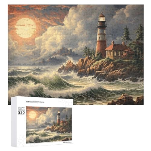 Puzzle mit Küstenwelle und Leuchtturm, 520 Bilder, personalisiertes Puzzle für Erwachsene, Fotos, Puzzle für Familie, anspruchsvolles Bilderpuzzle mit Aufbewahrungstasche, Heimdekoration, Puzzle von LZQPOEAS