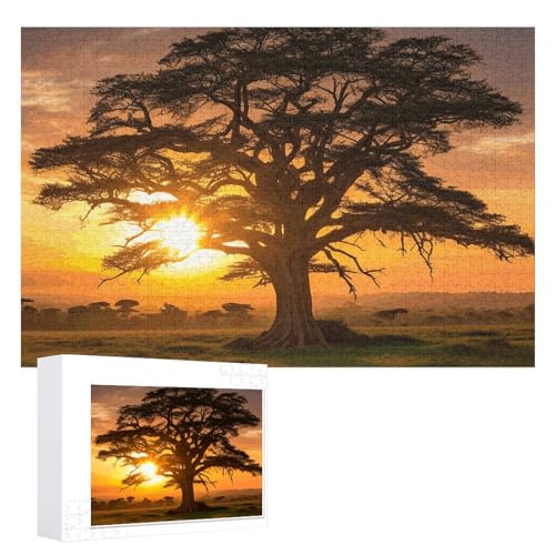 Puzzle mit Sonnenaufgang auf großem Baum, 1000 Stück, personalisierbar, für Erwachsene, Fotos, Puzzle für Familie, anspruchsvolles Bilderpuzzle mit Aufbewahrungstasche, Heimdekoration, Puzzle von LZQPOEAS