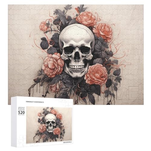 Puzzle mit antikem Totenkopf und Blumen, 520 Bilder, personalisiertes Puzzle für Erwachsene, Fotos, Puzzle für Familie, anspruchsvolles Bilderpuzzle mit Aufbewahrungstasche, Heimdekoration, Puzzle von LZQPOEAS