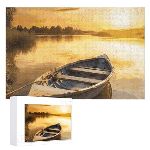 River Sunset Holz-Puzzle, Boots-Puzzle, 1000 Stück, personalisierte Puzzles für Erwachsene, Fotos, Puzzle für Familie, anspruchsvolles Bilderpuzzle mit Aufbewahrungstasche, Heimdekoration, Puzzle von LZQPOEAS