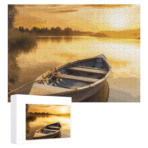 River Sunset Holz-Puzzle, Boots-Puzzle, 500 Stück, personalisierte Puzzles für Erwachsene, Fotos, Puzzle für Familie, anspruchsvolles Bilderpuzzle mit Aufbewahrungstasche, Heimdekoration, Puzzle von LZQPOEAS