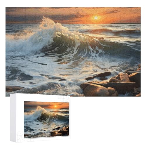 Rocky Wave Sonnenuntergang-Malpuzzle, 1000 Stück, personalisiertes Puzzle für Erwachsene, Fotos, Puzzle für Familie, anspruchsvolles Bilderpuzzle mit Aufbewahrungstasche, Heimdekoration, Puzzle von LZQPOEAS