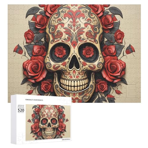 Rote Rose Sugar Skull Puzzles 520 Bilder, personalisierte Puzzles für Erwachsene, Fotos, Puzzle für Familie, anspruchsvolles Bilderpuzzle mit Aufbewahrungstasche, Heimdekoration, Puzzle von LZQPOEAS